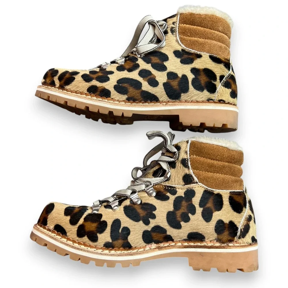 Montelliana 1965 Leopard Calf Hair Shearling Hiker Boots EU 37.5 US 7-7.5 Vibram